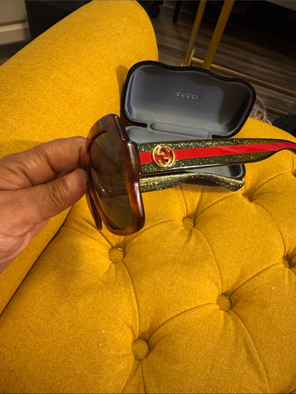 Gucci Brown Frame Sunglasses with Green Glitter Temples and Red Stripe